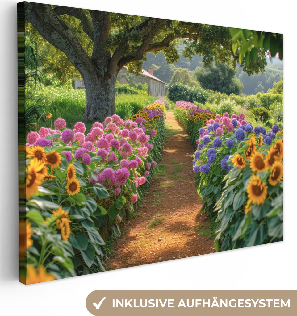 MuchoWow - Leinwandbilder - Blumen - Weg - Sonnenblumen - Garten - Hortensie, Wandbild, Wanddeko Bilder Wohnzimmer, 80x60 cm