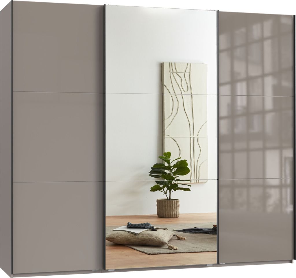 Schwebetürenschrank Kleiderschrank 250 cm Vollausst. Spiegel Glasfront Sand Grau / 22034