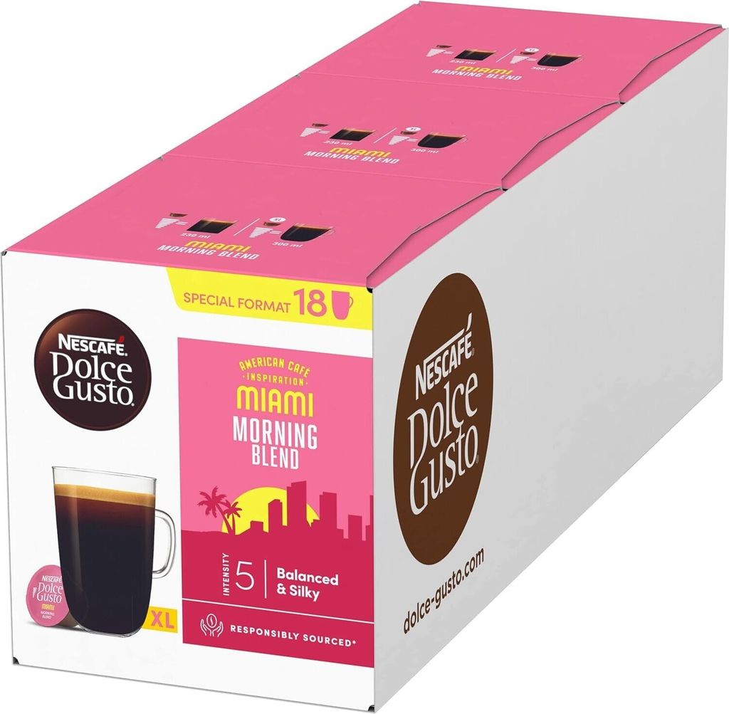Nescafé Dolce Gusto Miami Morning Blend XL 3er Set, Röstkaffee, 3 x 18 Kaffeekapseln / Portionen