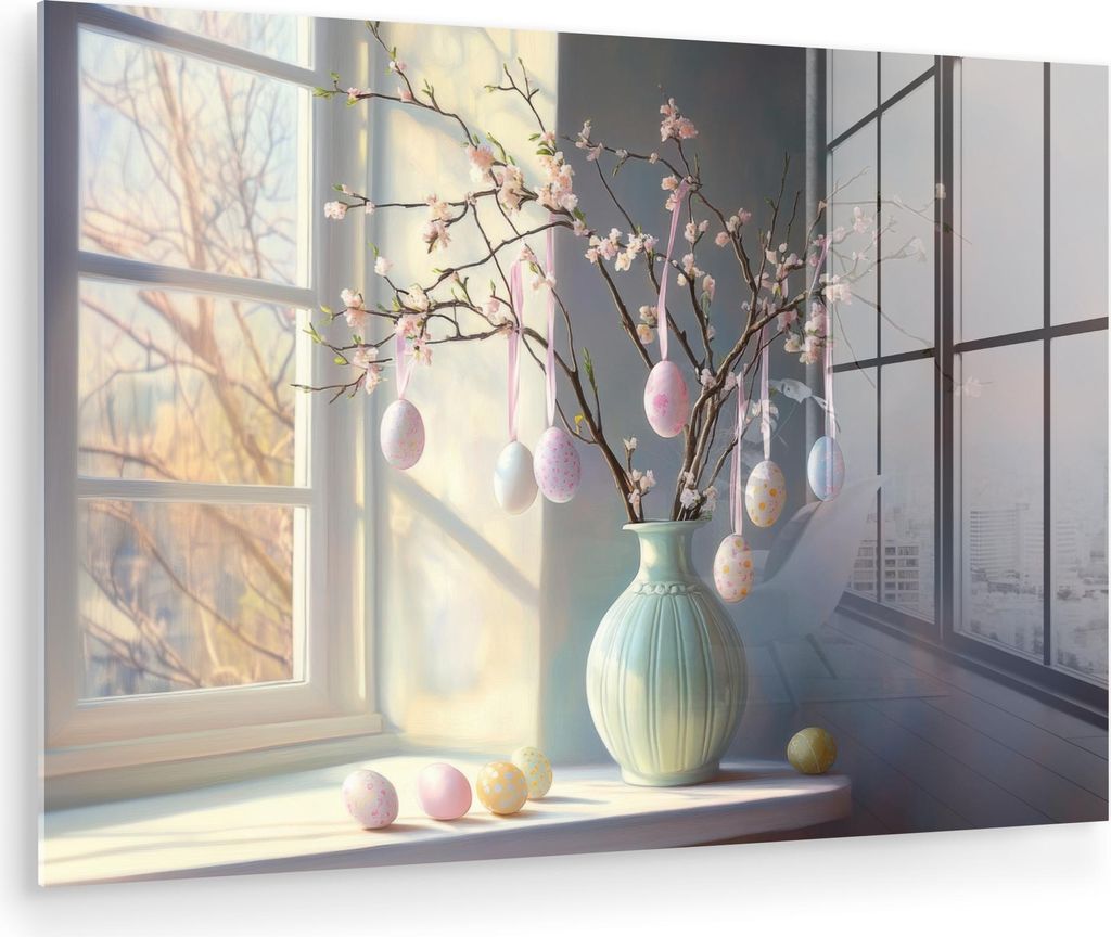 MuchoWow Glasbilder - Bilder auf Wandbild - Foto auf Glas Stillleben - Vase - Osterzweig 60x40 cm Wanddekoration aus Glas - Acrylglasbild - Acrylbi...