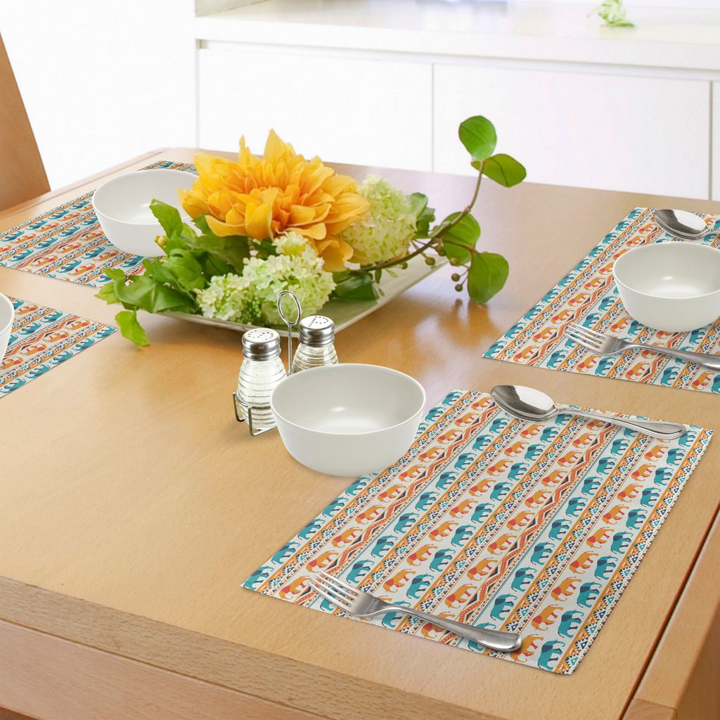 ABAKUHAUS Elefant Platzmatten, Horizontale Grenzen mit exotischen Tieren Ethnic Geometric Orient Design, Tiscjdeco aus Farbfesten Stoff für das Es...