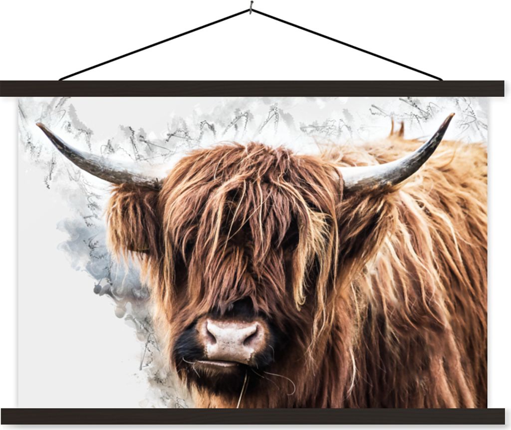 MuchoWow Textilposter Schottisches Hochlandrind - Tiere - Rauch 60x40 cm mit schwarzem Rahmen - Hölzernes