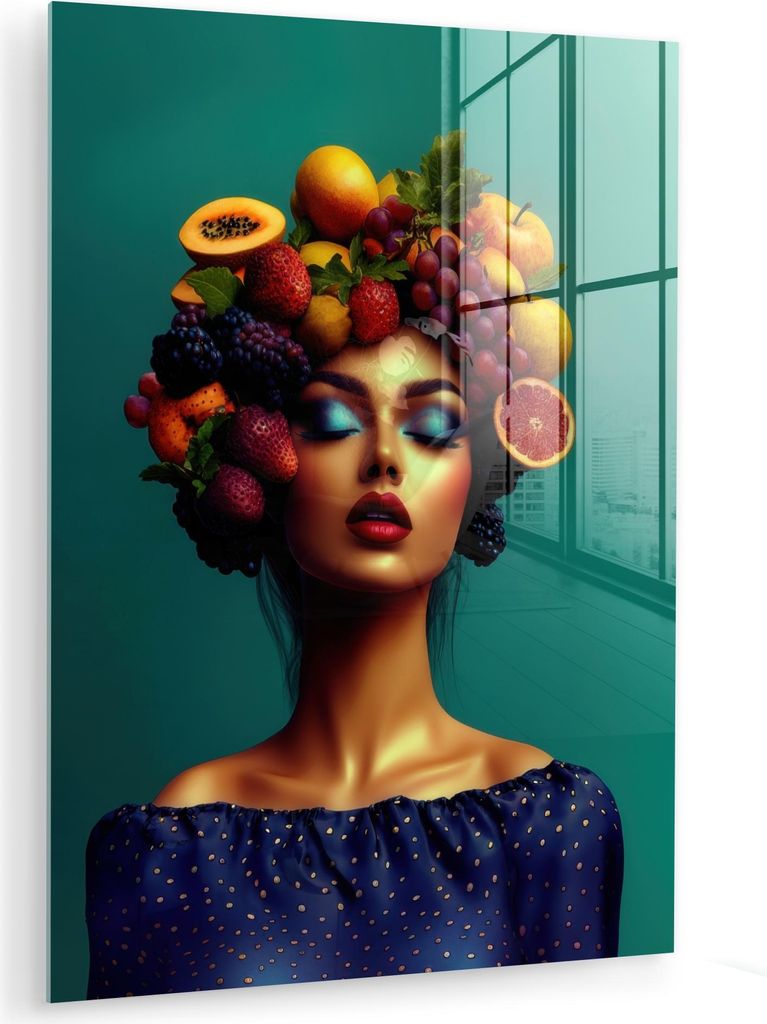 MuchoWow Glasbilder - Bilder auf Wandbild - Foto auf Glas Frau - Kapuzenoberteil - Tropisch - Obst - Weintrauben 60x80 cm Wanddekoration aus Glas -...