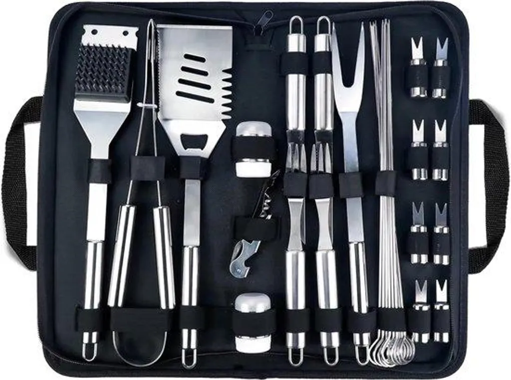 Kit barbecue pliable 29 pièces inox pour cuisine extérieure et camping