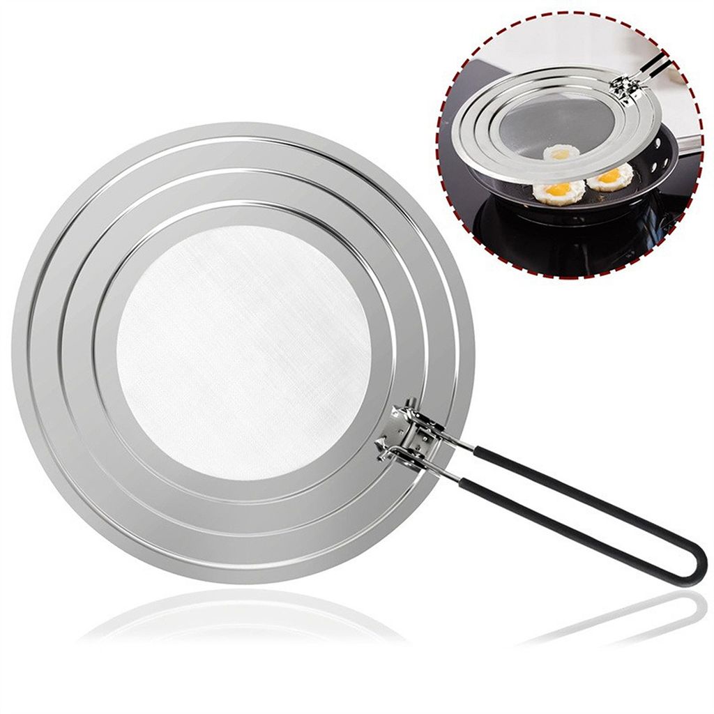 A splatter screen for a frying pan is shown against a white background. A smaller inset image shows the splatter screen in use over a frying pan with eggs.