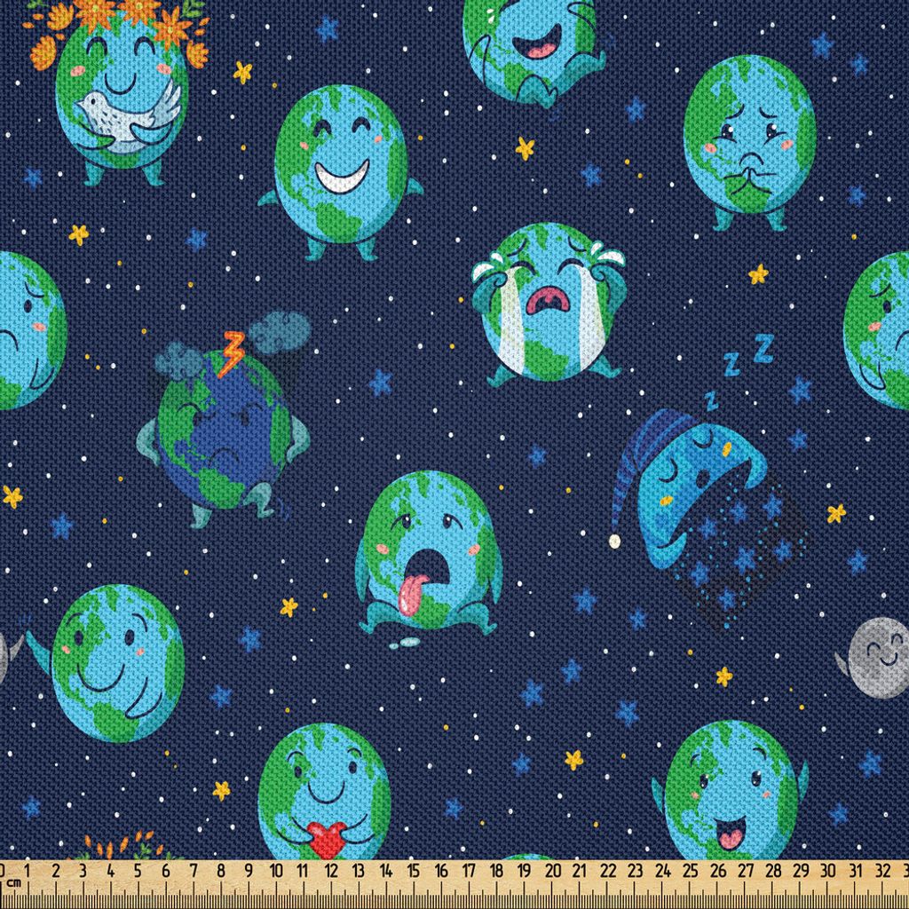 ABAKUHAUS emoji Satin Stoff als Meterware, Planeten-Erde als smiley-verärgerte glückliche traurige nette Gesichts-Ausdrücke und Stern-Hintergrun...