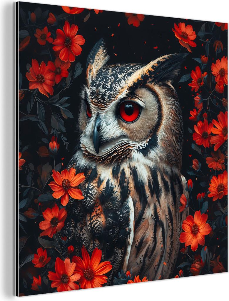 MuchoWow Wanddekoration Metall Metallbild Wandkunst 50x50 cm Eule - Waldtiere - Rote Blumen - Natur MuchoWow Aluminium Gemälde - Alubild - Industrial