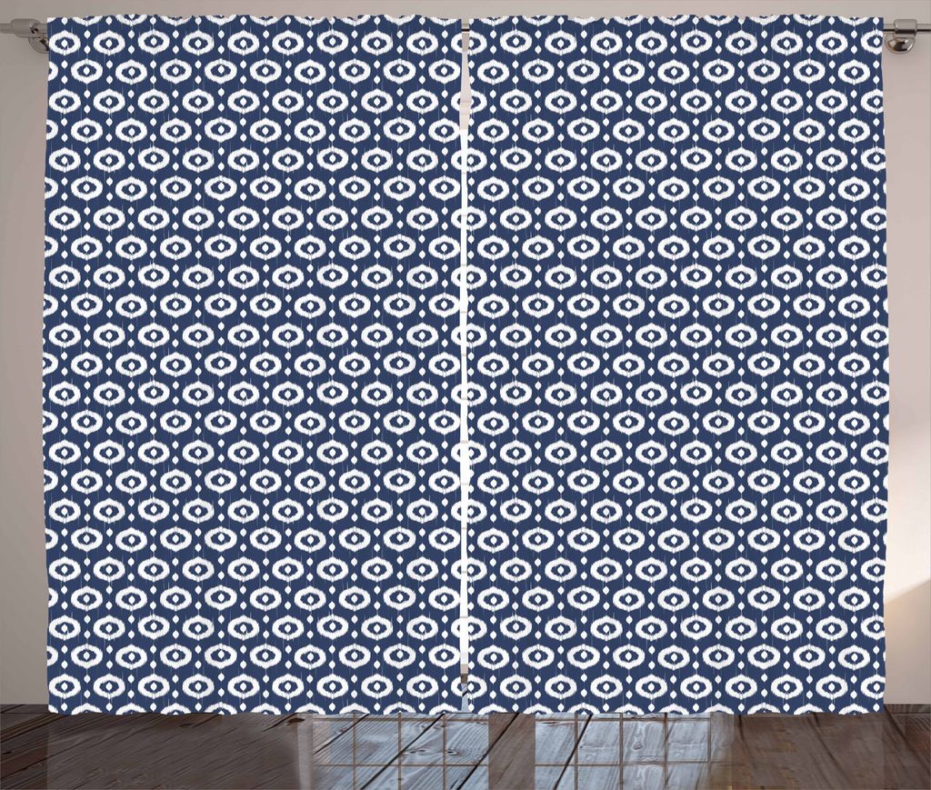 ABAKUHAUS Ikat Rustikaler Vorhang, Kreis-Punkte Asian, Wohnzimmer Universalband Gardinen mit Schlaufen und Haken, 280 x 175 cm, Dunkelblau Weiß