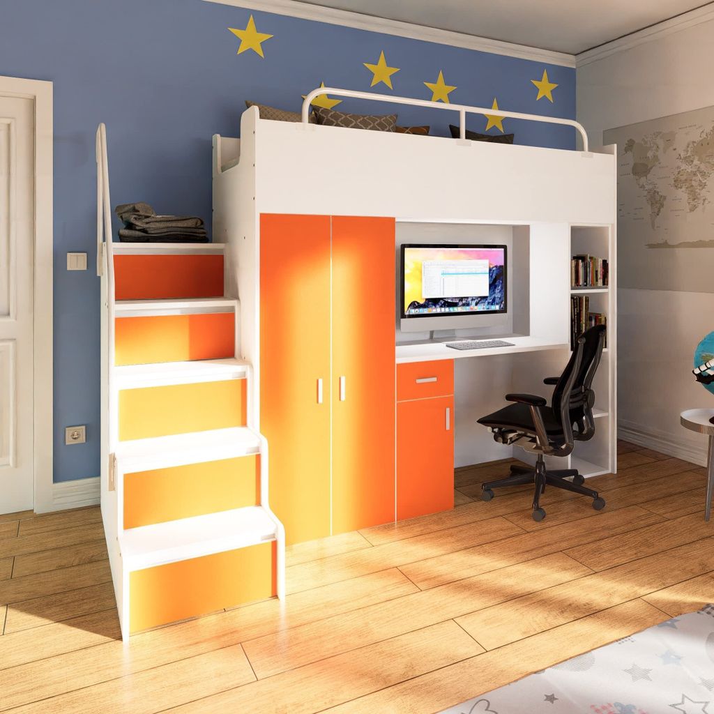 Marlux-Meble Hochbett Kinderbett JSM-4 90x200 mit Kleiderschrank Schreibtisch und Treppe Matt Kinderbetten Funktionsbett Etagenbett Stockbett Kinde...