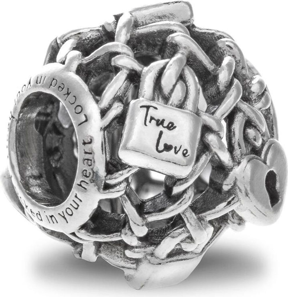 A close-up of a silver charm with chains and a padlock.
