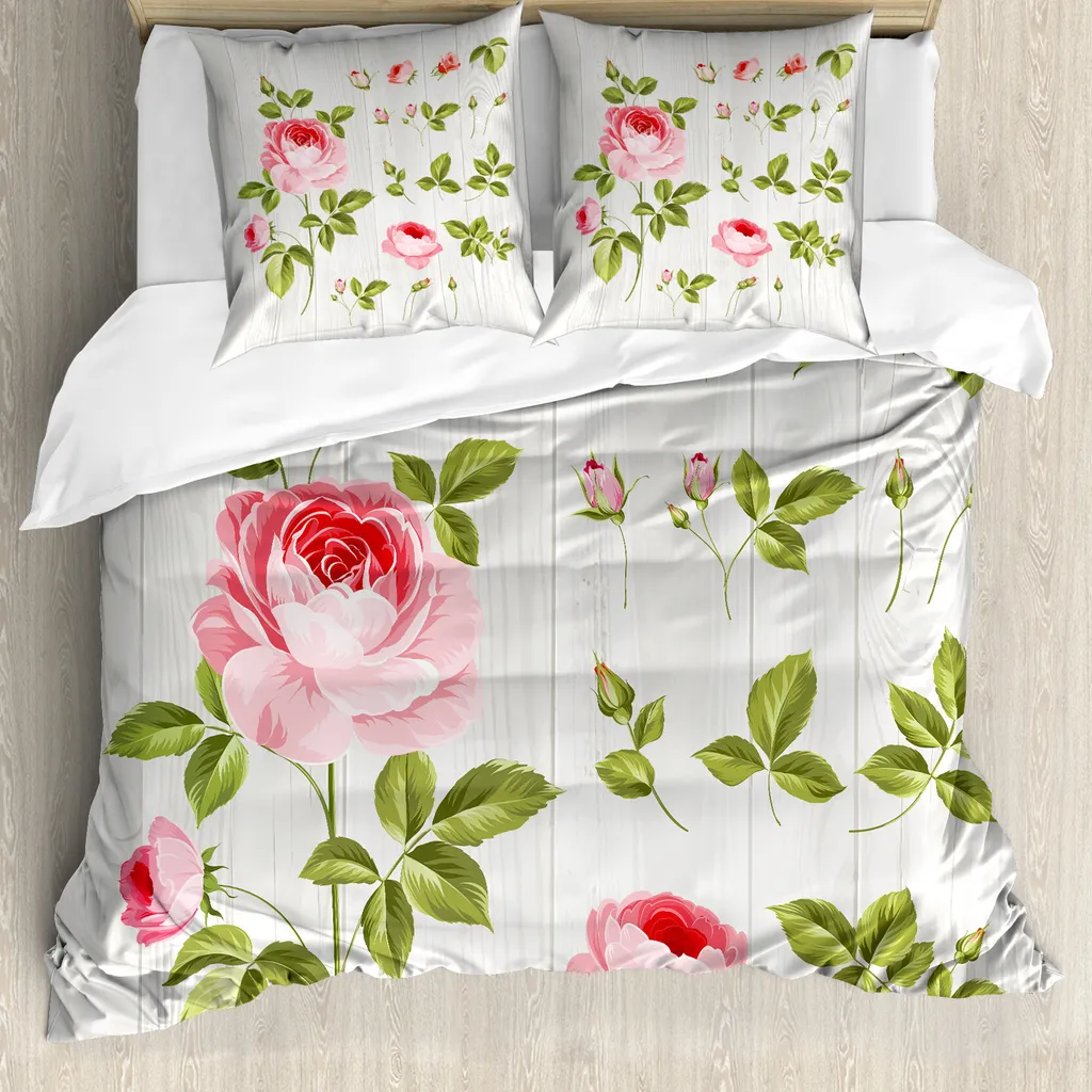 ABAKUHAUS Copripiumino con fiori, foglie di rosa vintage, antiacaro, adatto a chi soffre di allergie, con federe, 200 cm x 200 cm - 80 x 80 cm, rosa confetto e kaki