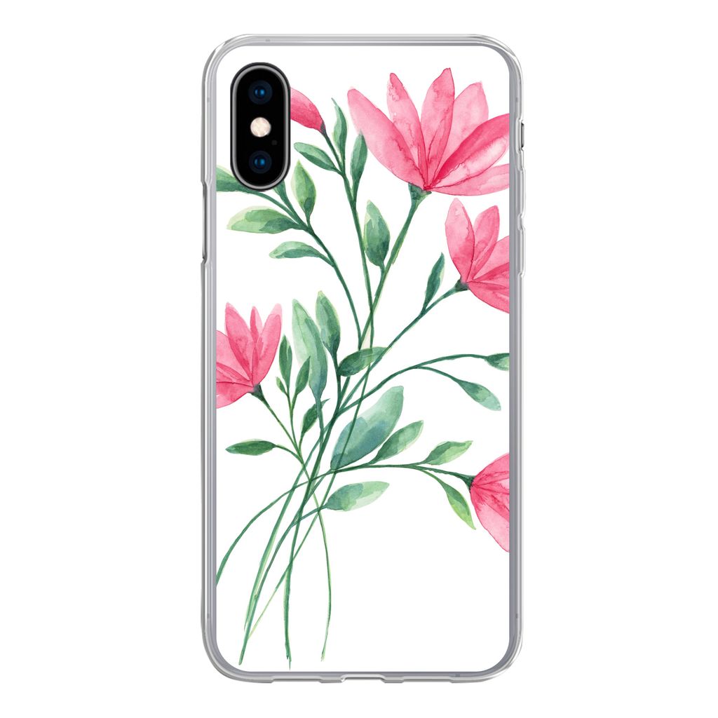 MuchoWow Handyhülle Schutzhülle Hülle für iPhone X Blumen - Aquarell - Rosa Silikon Softcase Handy Hülle - Handyhülle