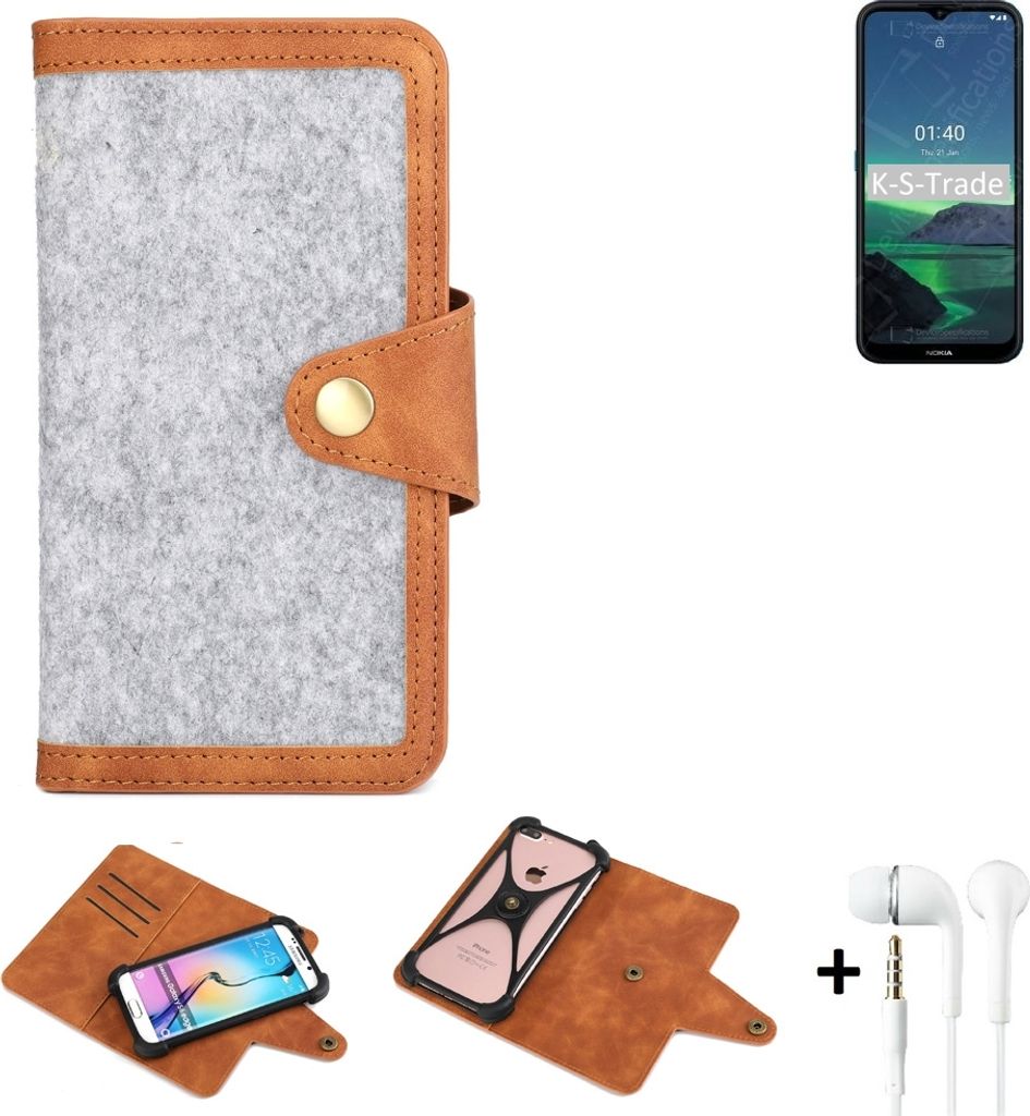 K-S-Trade Handyhülle + Kopfhörer kompatibel mit Nokia 1.4 Schutzhülle Filz Hülle Kunstleder hellgrau braun (1x)