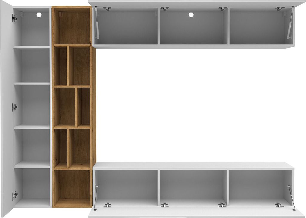 A modular living room furniture set, including a TV stand and shelving units, displayed against a white background.