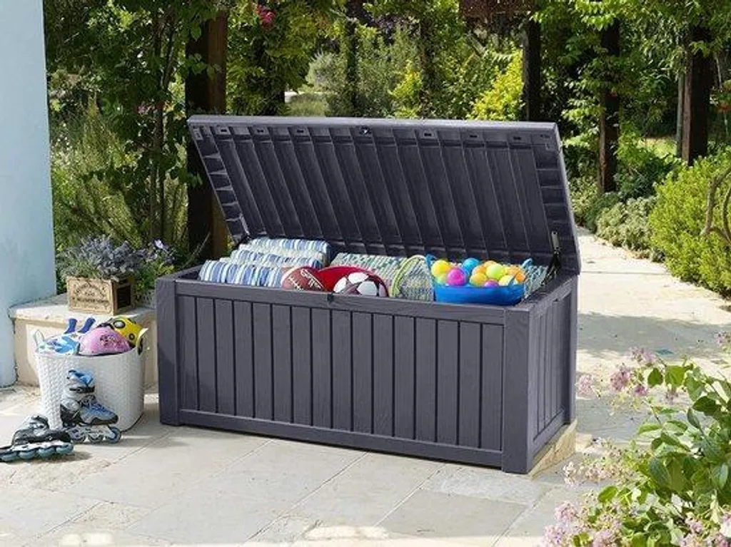 Coffre de jardin étanche anthracite 250kg avec assise pour 2 personnes