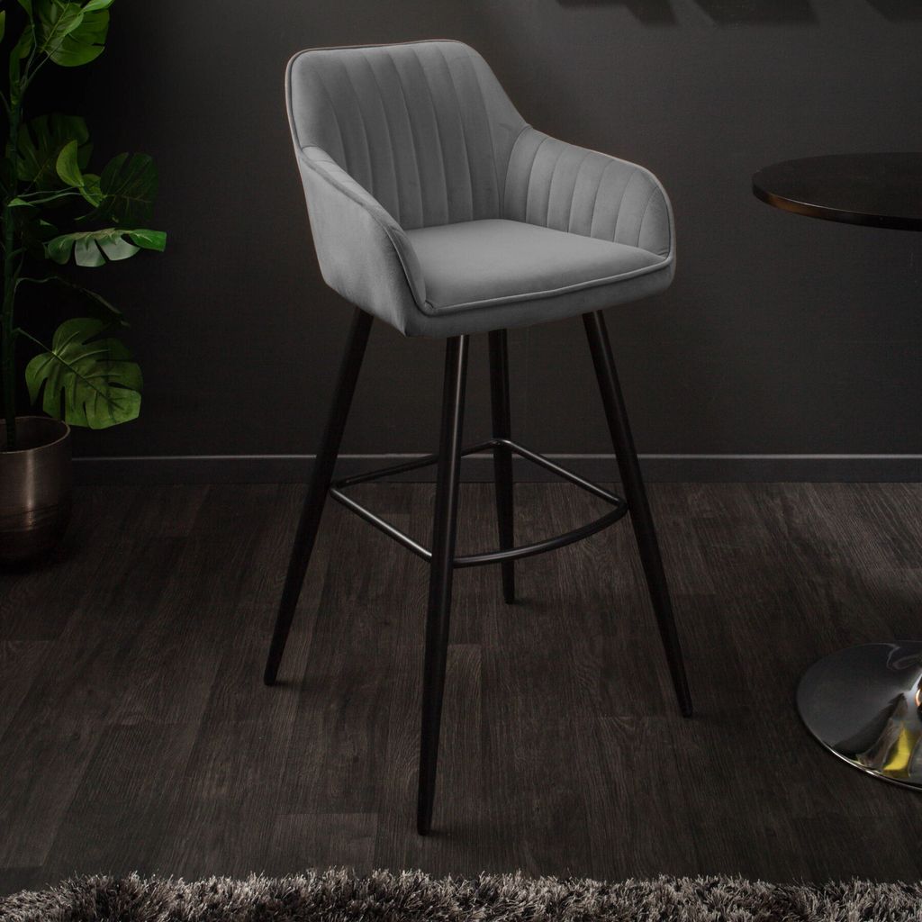 Edler Barhocker TURIN silbergrau Samt mit Ziersteppung Barstuhl mit Armlehne Tresenstuhl Barstuhl