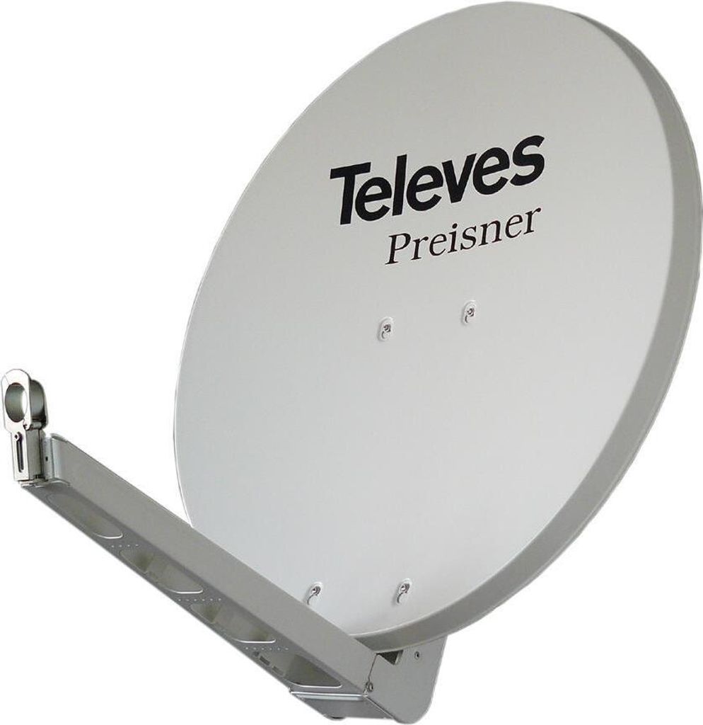 A white satellite dish with a mounting arm, isolated on a white background.
