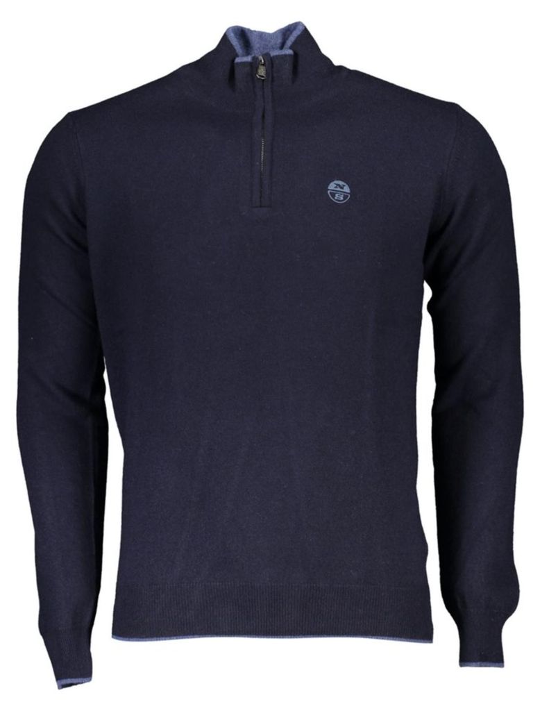 Herren-Blau-Pullover: Langarm, hoher Kragen, halber Reißverschluss