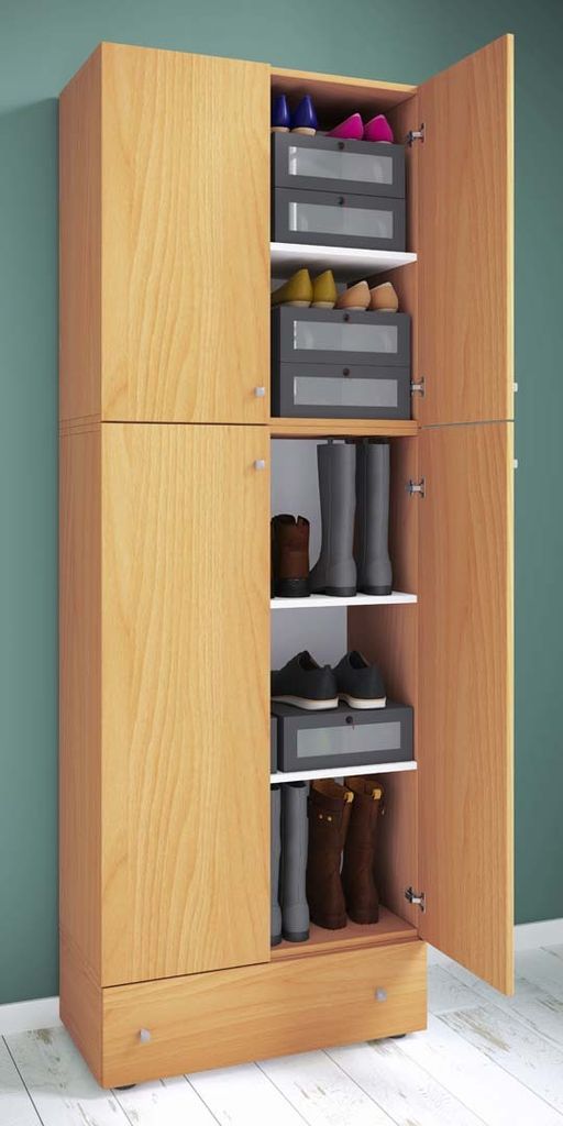VCM Holz-Schuhschrank | Maße: H. 200 x B. 70 x T. 39 cm| Allzweckschrank | 5 Fächer | 4 Drehtüren | extra Schublade– Lona