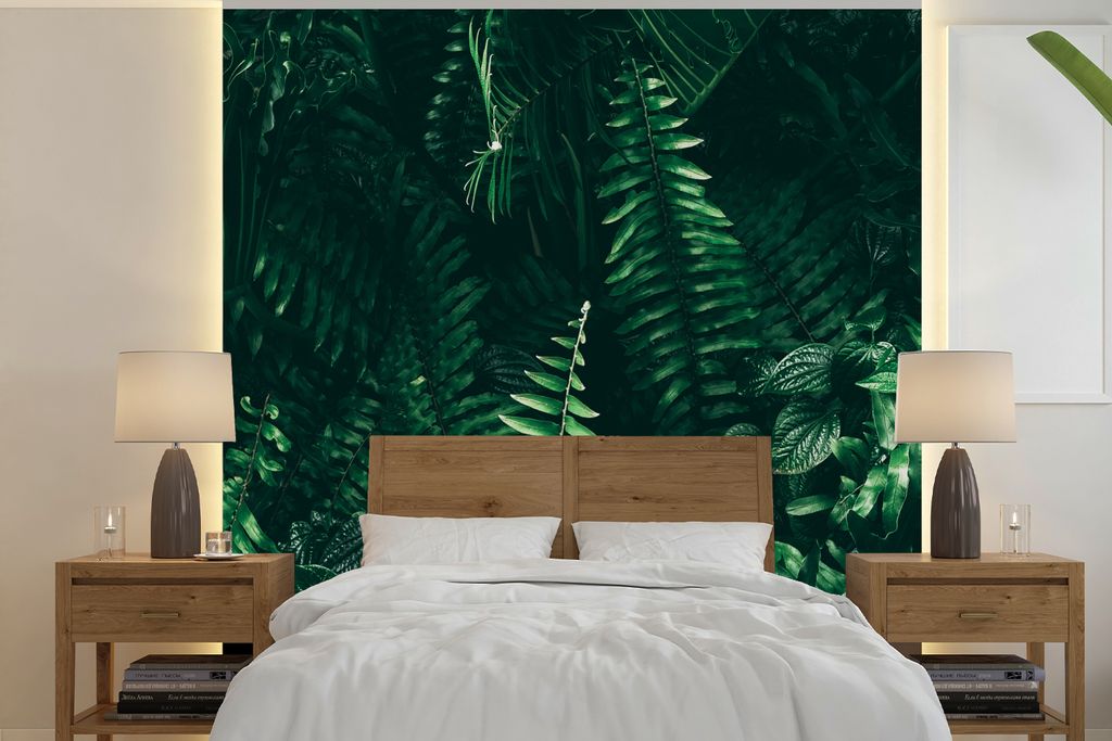 MuchoWow Fototapete für Wohnzimmer oder Schlafzimmer Wandtapete Vinyl Motivtapete Blätter - Dschungel - Natur - Tropisch - Pflanzen - 220x220 c...