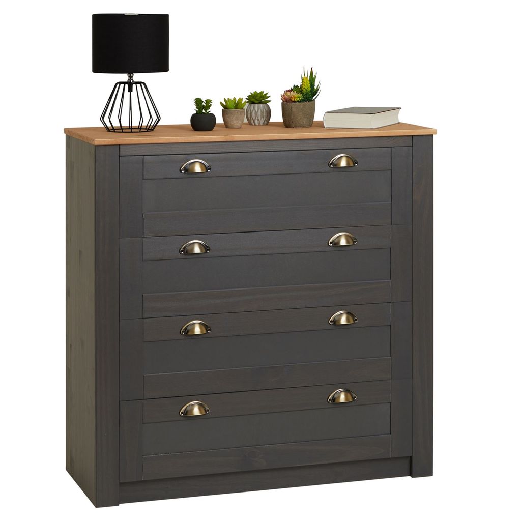 Kommode BOLTON aus Massivholz in anthrazit/braun, Sideboard mit 4 Schubladen und Muschelgriffen aus Metall, Sideboard aus Kiefer, Holz lackiert