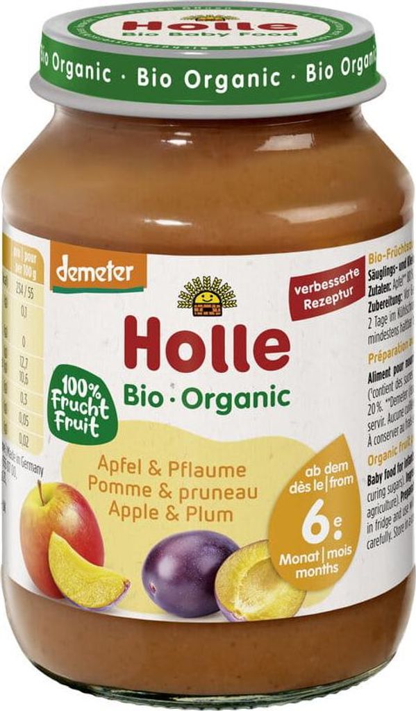 JABŁKO - ŚLIWKA BEZ DODATKU CUKRÓW BEZGLUTENOWE OD 6 MIESIĄCA DEMETER BIO 190 g (SŁOIK) - HOLLE