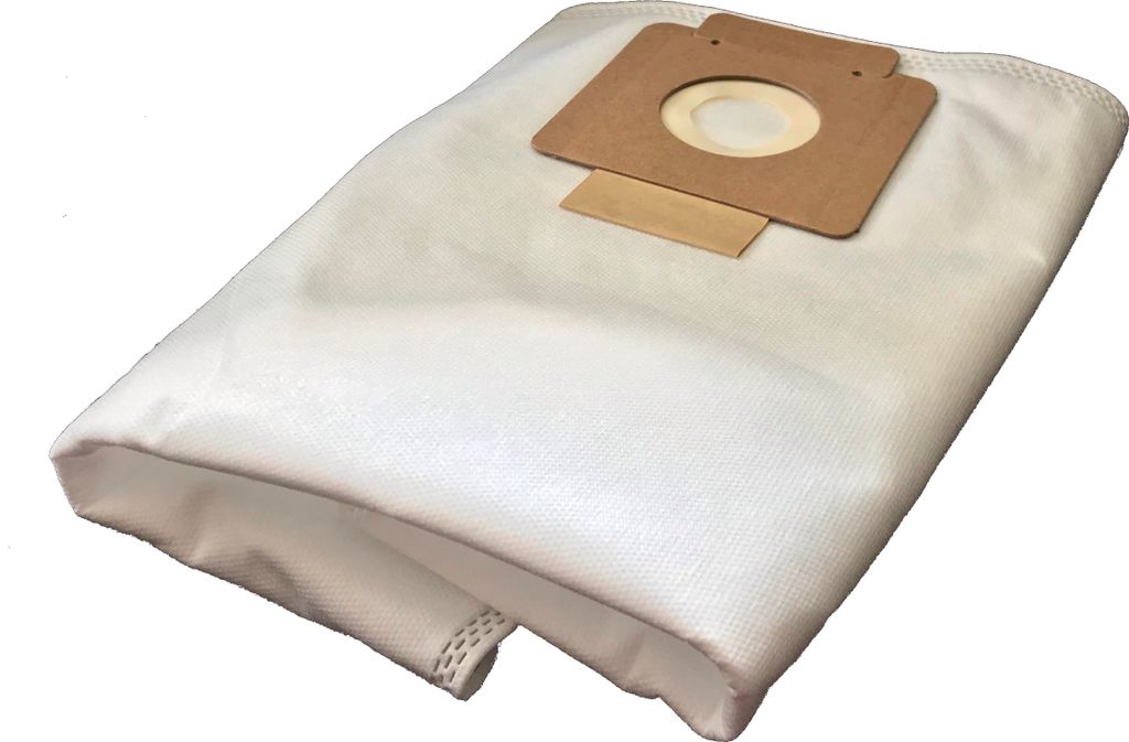 A white vacuum cleaner bag with a brown cardboard attachment is shown against a white background.