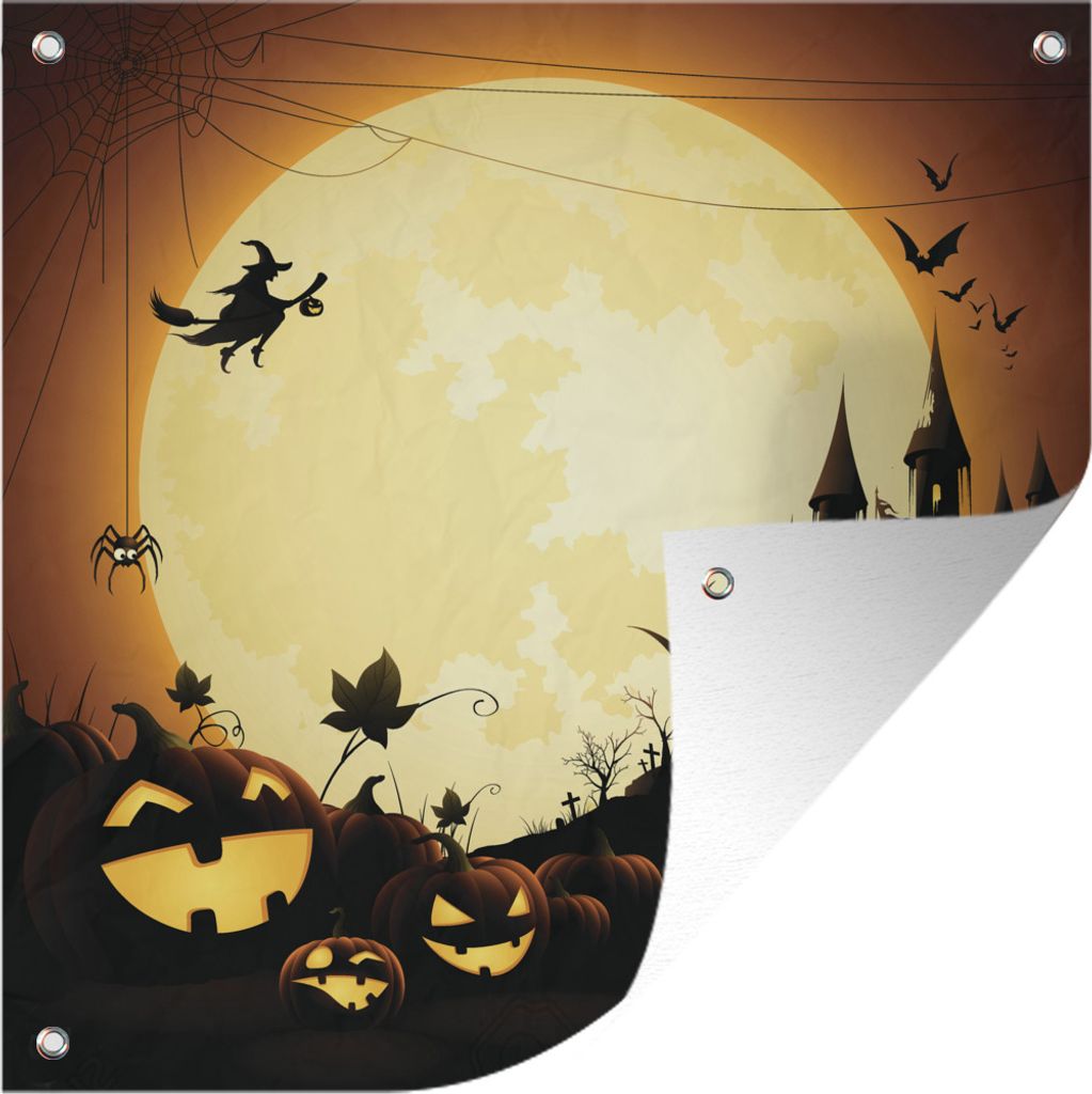 MuchoWow 50x50 cm Outdoor-Poster Gartendeko Sichtschutz Garten Poster für den Garten Eine Illustration eines Schlosses mit Hexen und Kürbissen...