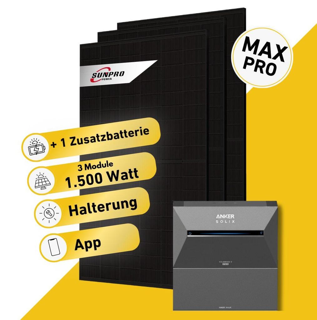 Balkonstrom Balkonkraftwerk 1500W Solaranlage mit Speicher | 1xZusatzspeicher | Balkonhalterung | 2xSolarmodul Bifazial | Anker Solix 3 Pro |Kabel 3m