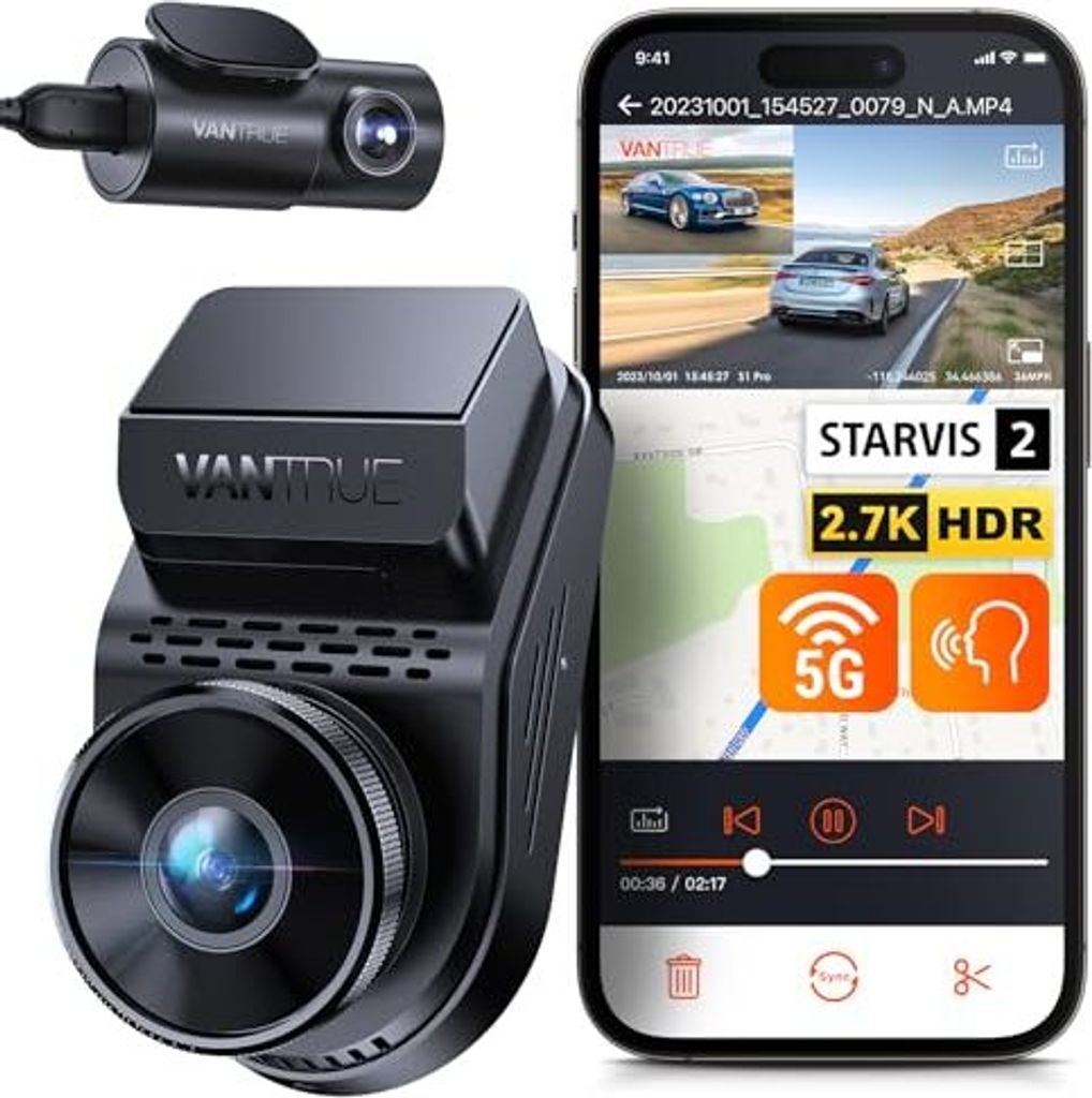 VanTrue S1 Pro 2,5K 60fps Dual Hidden Dash Cam WiFi, Starvis 2 HDR-Nachtsicht, Auto vorne, Sprachkontroll-Cam, eingebauter GPS, 24 Stunden Puffer