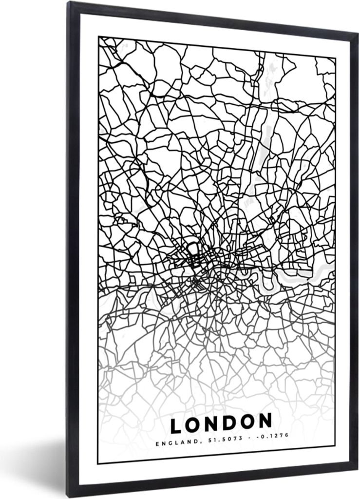 MuchoWow Gerahmtes Poster London - Schwarz und weiß - Stadtplan - Karte 40x60 cm - Poster mit Schwarzem Bilderrahmen Wandposter Rahmen Foto Bild...