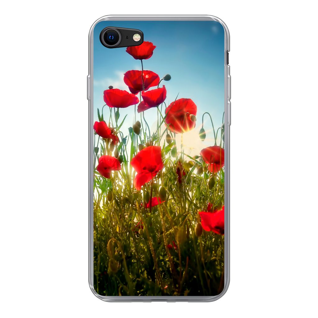 MuchoWow Handyhülle Schutzhülle Hülle für iPhone SE 2022 Mohnblumen - Toskana - Sonne - Rot - Blau Silikon Softcase Handy Hülle - Schutzhülle