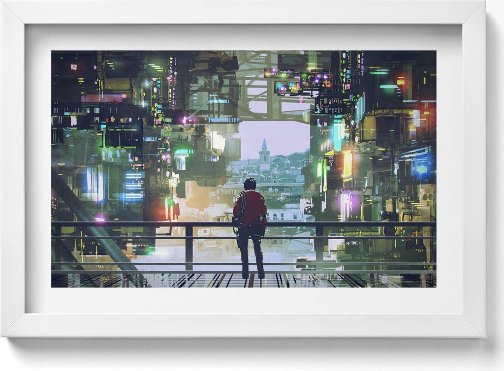 Stadt des Cyber Punk– Wandbild mit Rahmen – Gerahmtes Bild – Wanddekoration – 30x20 cm – Weiß Rahmen
