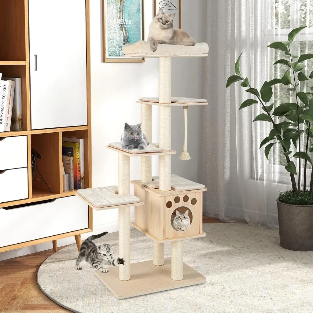 Arbre à chat pour appartement 170 cm en bois et sisal coloris beige