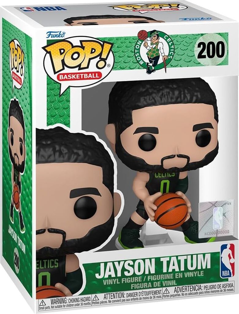 A Funko Pop! vinyl figure of Jayson Tatum in his Boston Celtics uniform, displayed in its original packaging.
