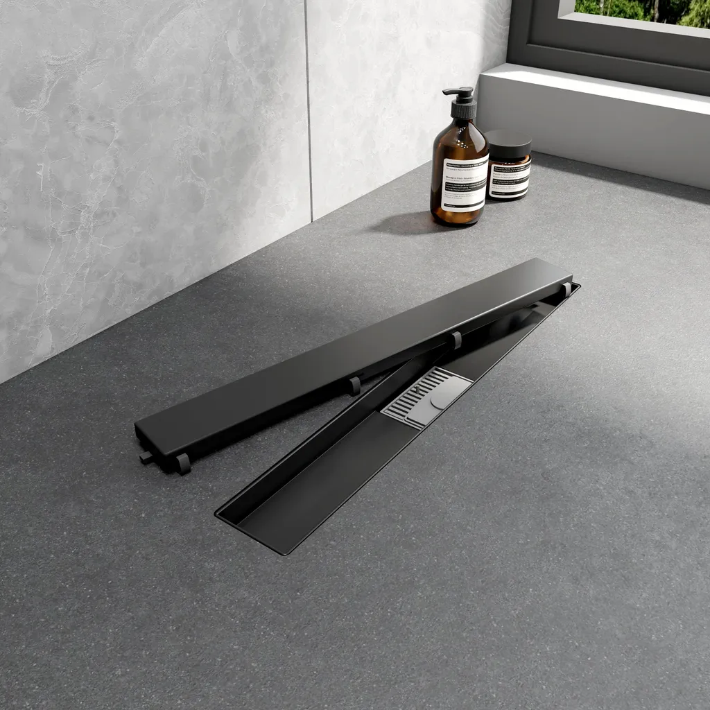 Caniveau de Douche Anti-Odeur 50cm Noir Mat en Inox Très Plat EMKE