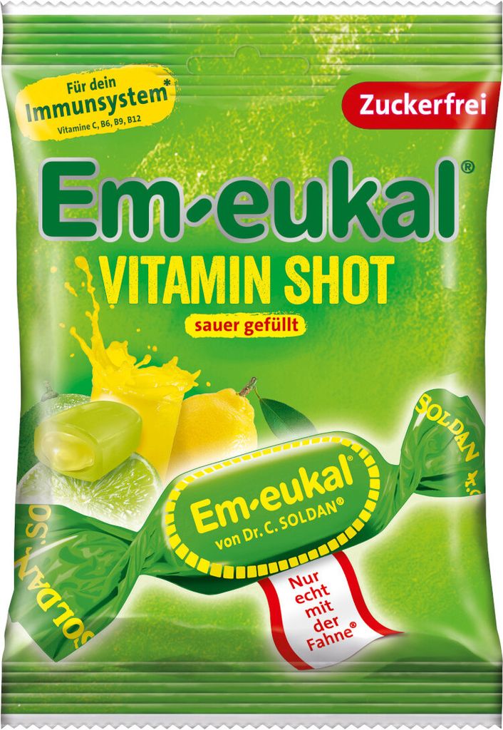 Em-eukal Vitamin-Shot kyslé plnené ovocné cukríky bez cukru Obrázok produktu 