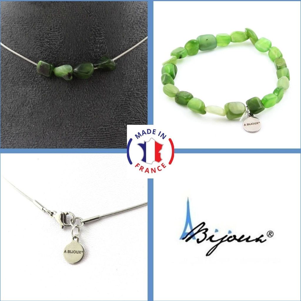 Schmuckset Armband Halskette 4 Nephrit-Jade-Perlen aus Sibirien (Russland) Edelstahlkette