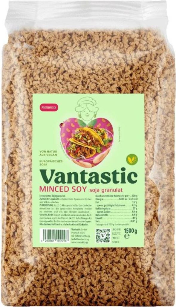 A bag of minced soy granules with a label showing nutritional information and a picture of tacos.