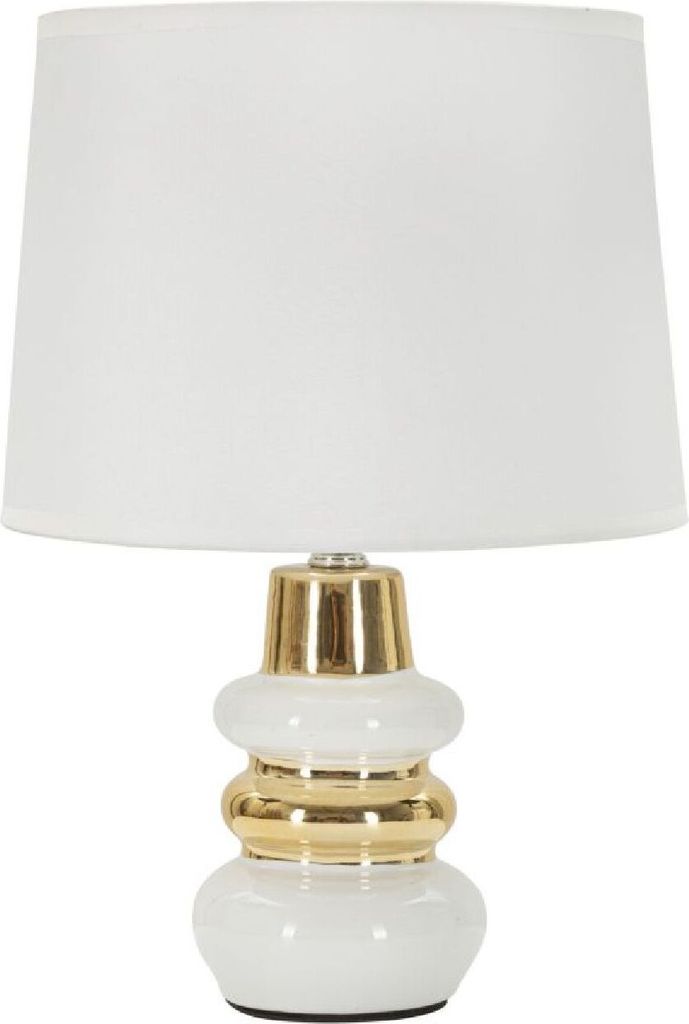 A white and gold table lamp with a white lampshade.