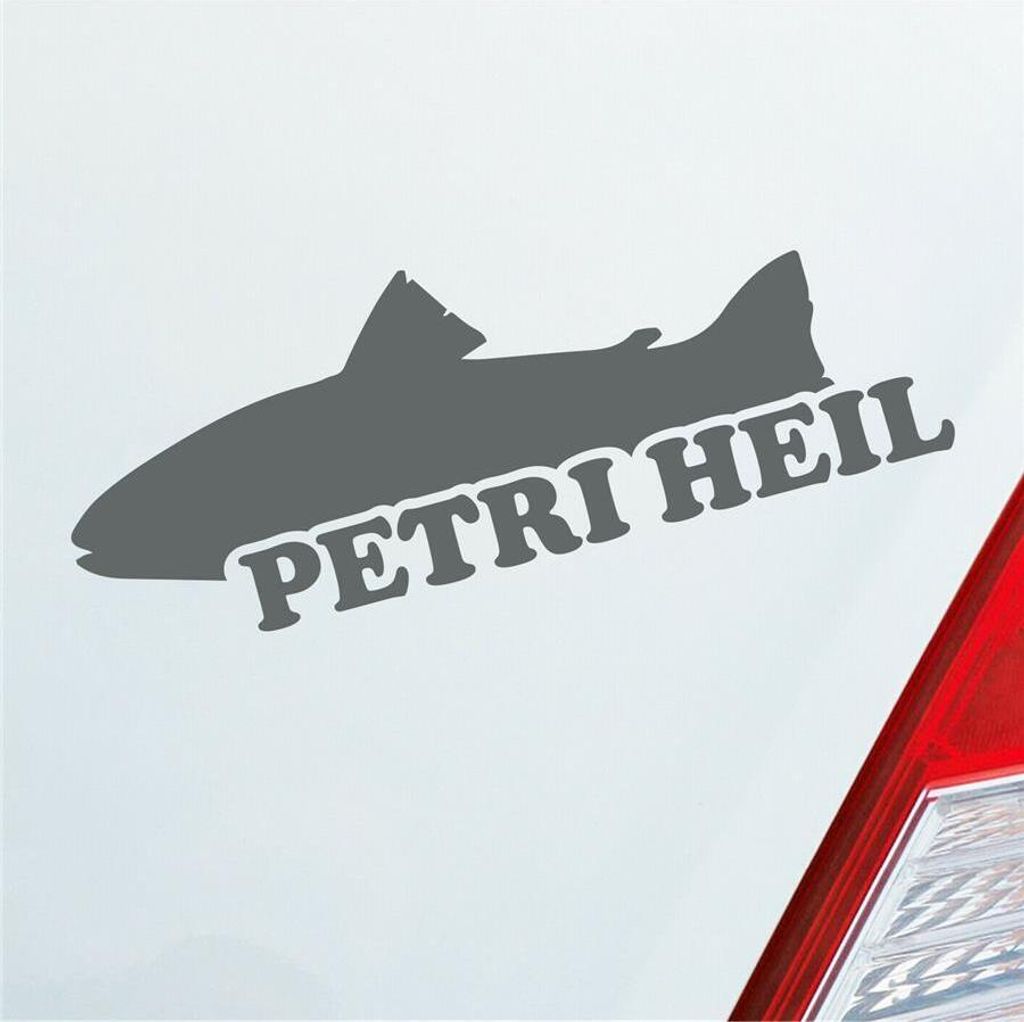 Auto Aufkleber Petri HEIL Gruß Angler Fischer Angeln 20x7 cm Grau Sticker Heckscheibenaufkleber