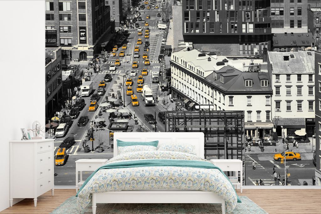 MuchoWow Fototapete für Wohnzimmer oder Schlafzimmer Wandtapete Vinyl Motivtapete Schwarz-Weiß-Luftaufnahme mit gelben Autos im Verkehr - 600x4...