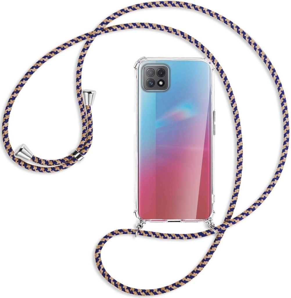 Handykette Backcover-Schutzhülle mit Band (Metall silberfarben) für Oppo A73 5G - blau+beige