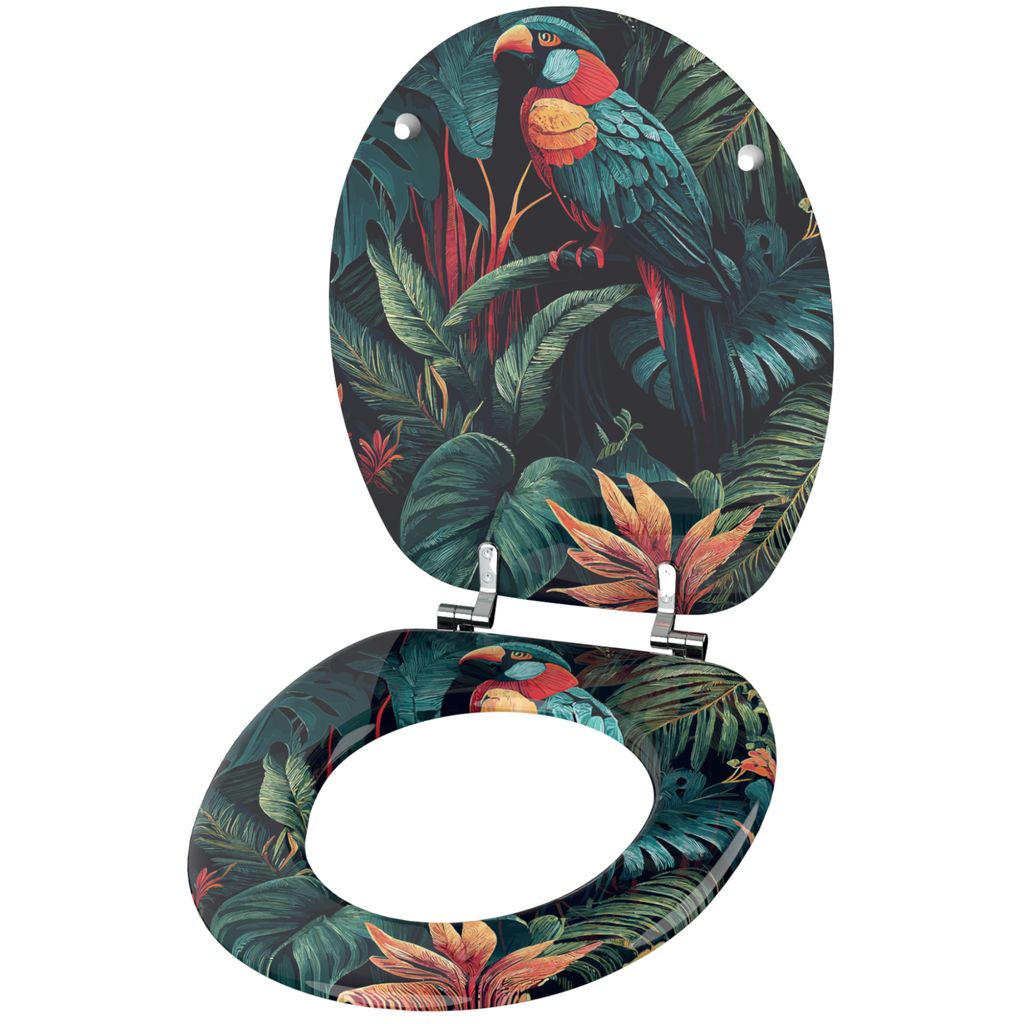 A toilet seat and lid with a tropical parrot and foliage design, shown open.