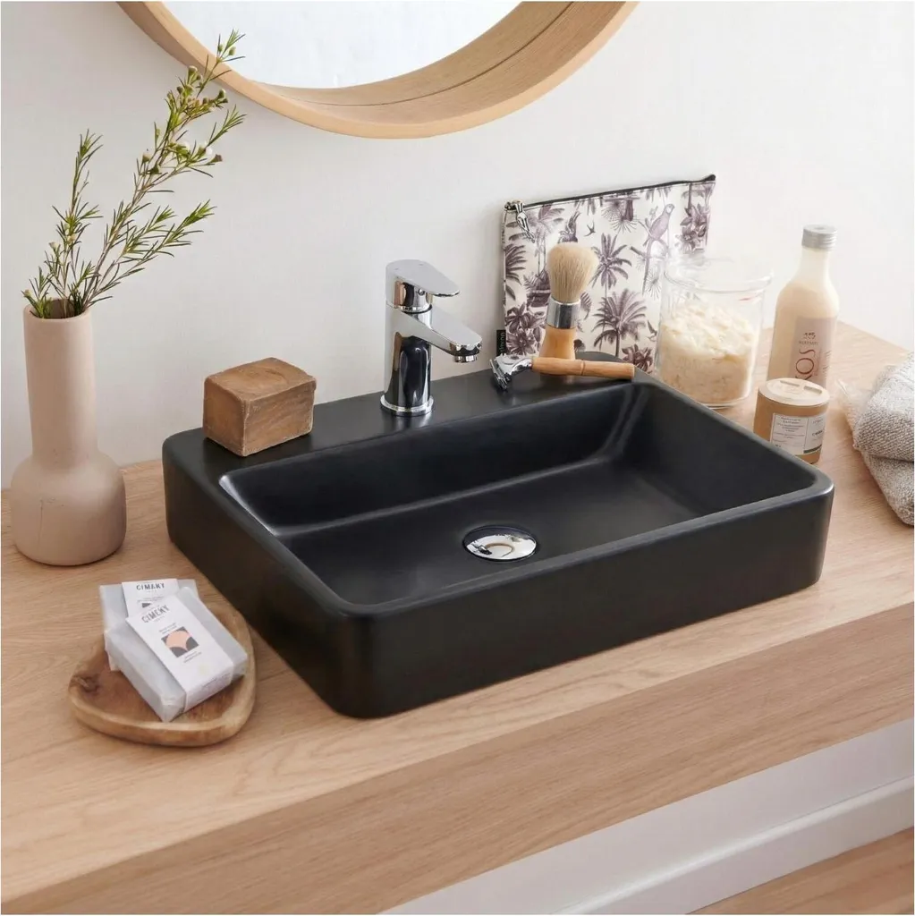 Vasque à poser rectangulaire en résine noire 50x37cm pour salle de bain