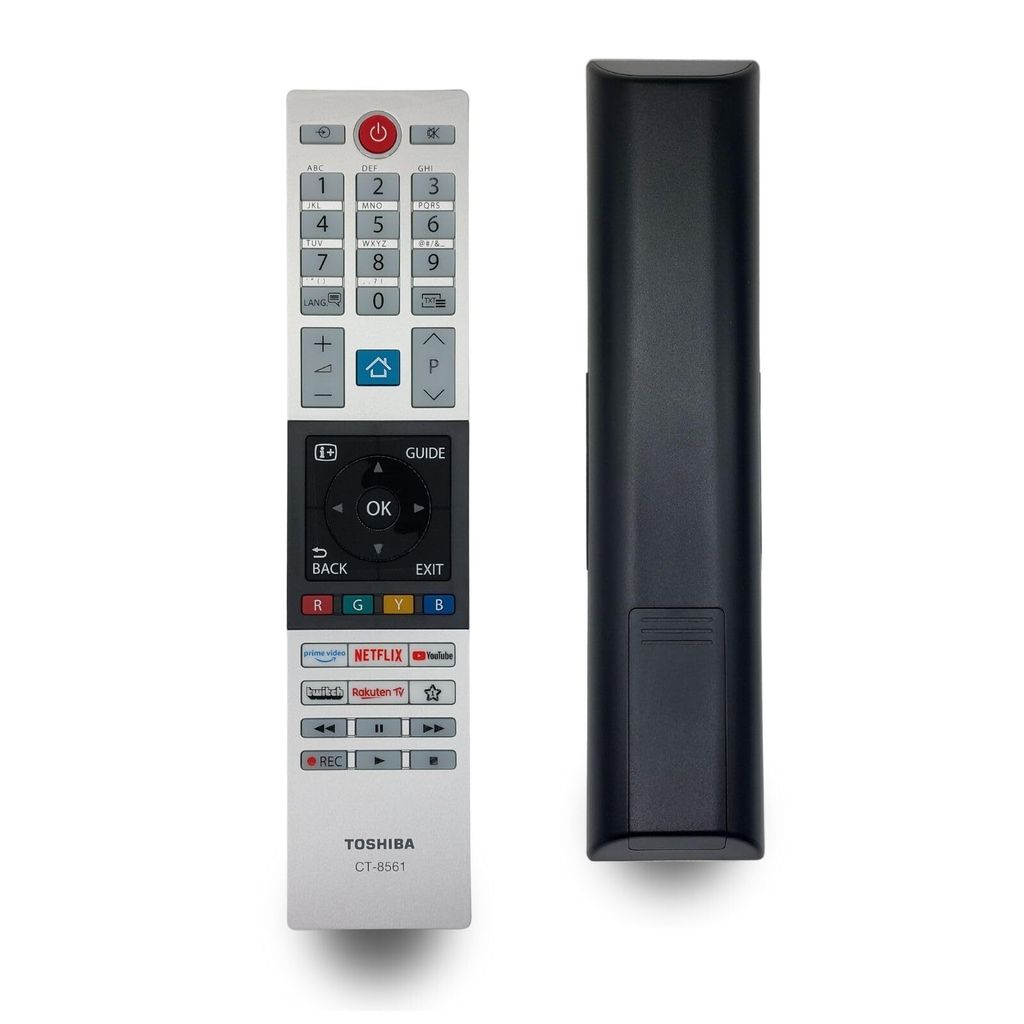 A remote control and its back are shown against a white background.