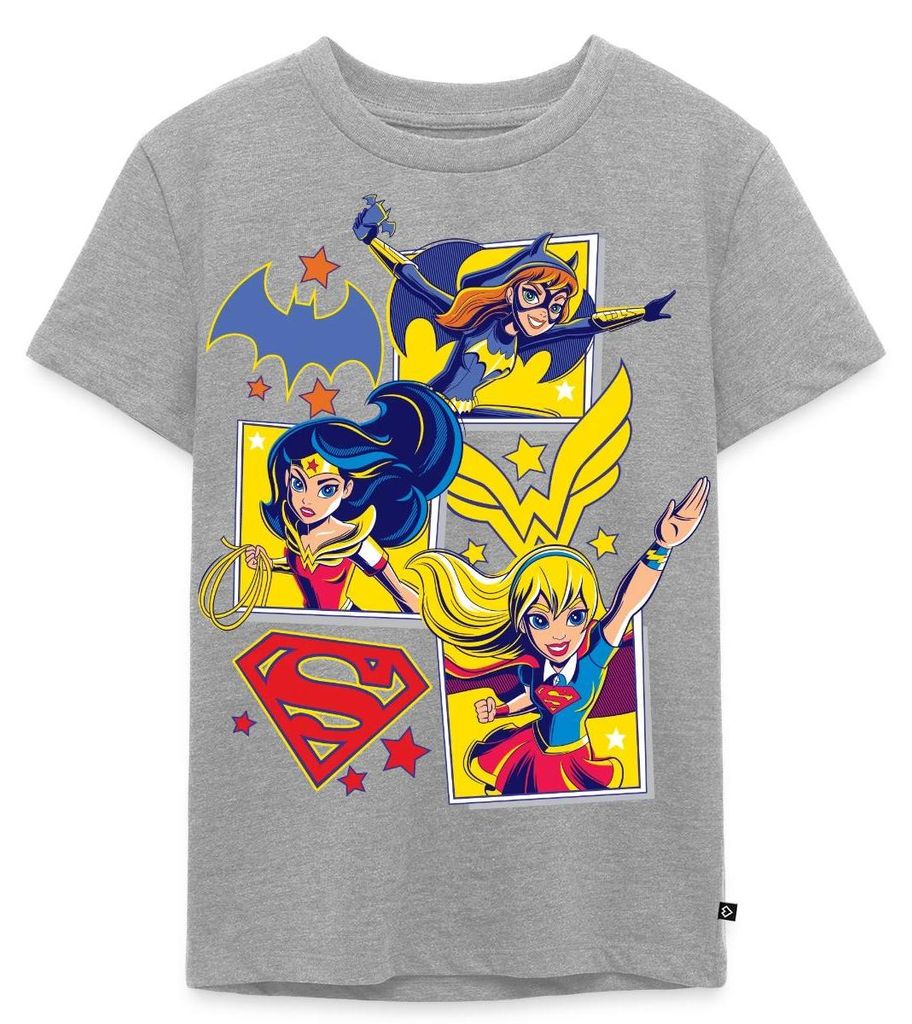 Spreadshirt Super Hero Girls Batgirl Wonder Woman Supergirl Kacheln Kinder Premium T-Shirt, 98/104 (2 Jahre), Grau meliert