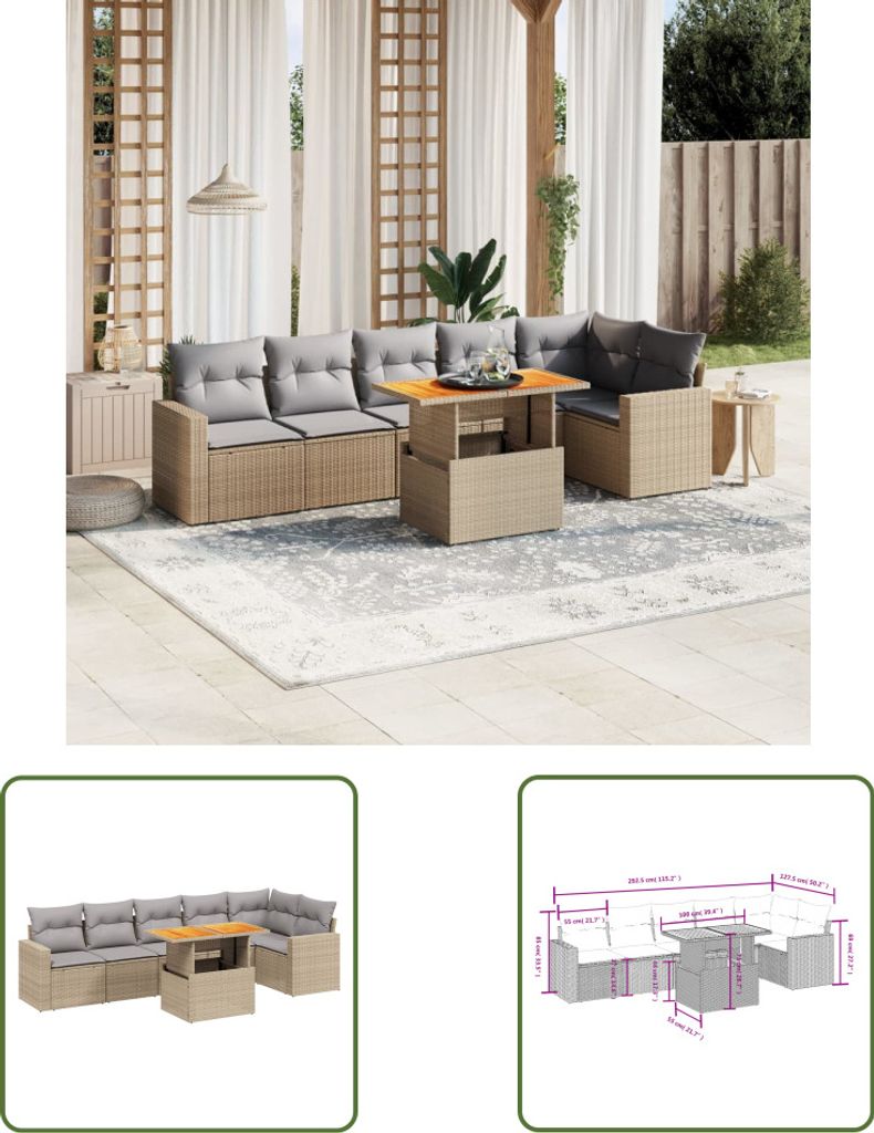 The Living Store 7-tlg. Garten-Sofagarnitur mit Kissen Beige Poly Rattan