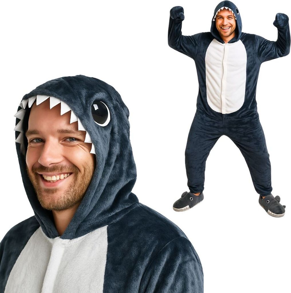 Onesie Kigurumi Pyjama Kostüm für Erwachsene Hai Grau XXL: 185 - 195cm