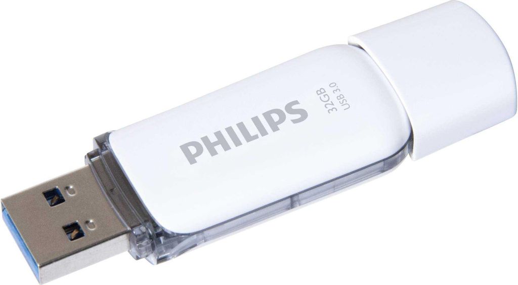 A white Philips USB flash drive with a silver connector is shown against a white background.